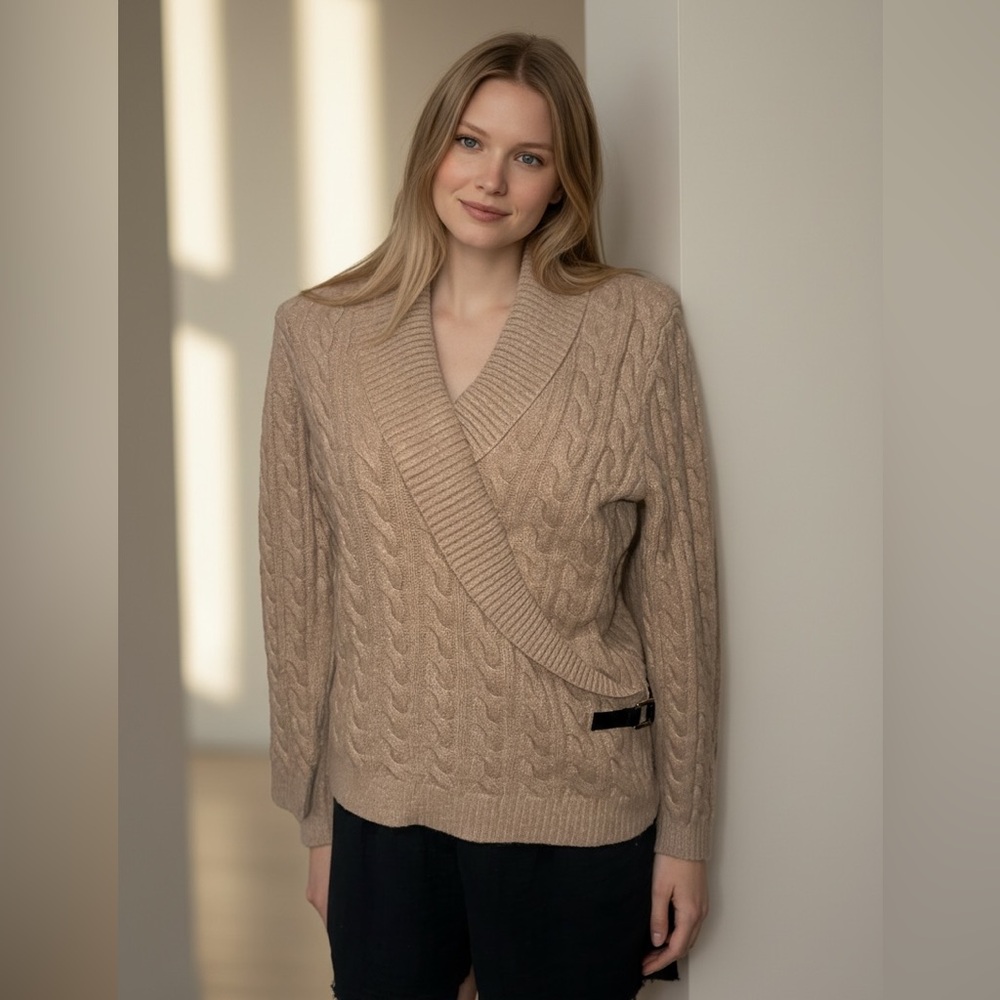 NAT Anne Klein Cable Knit Wrap Sweater V-Neck Belted Cardigan Style Fisherman